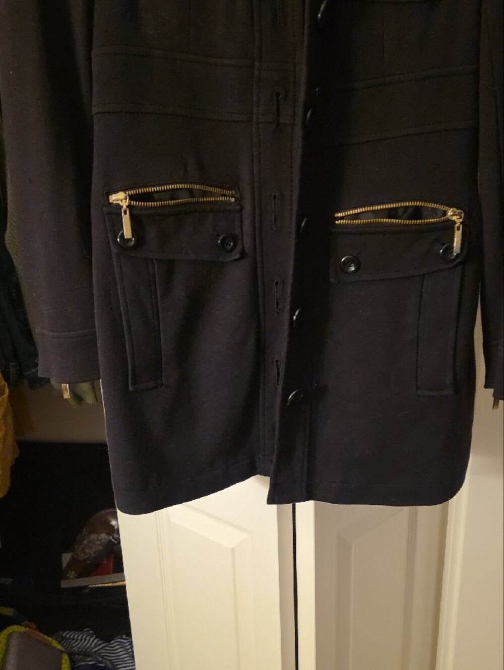 INC International Concepts Black Military-Style Pea Coat with Gold Zippers - Picture 4 of 9